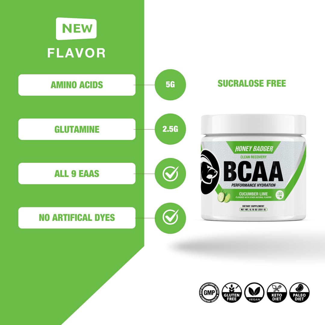 Honey Badger BCAA + EAA powder in shaker bottle for workout hydration
