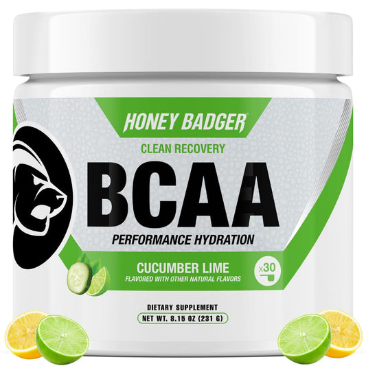 Honey Badger BCAA + EAA powder tub with cucumber lime flavor for hydration on the go