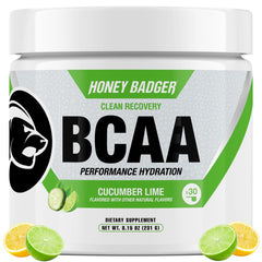 Honey Badger BCAA + EAA powder tub with cucumber lime flavor for hydration on the go