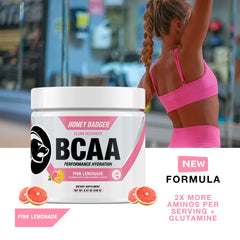 Honey Badger BCAA + EAA dissolving in water for rapid hydration.
