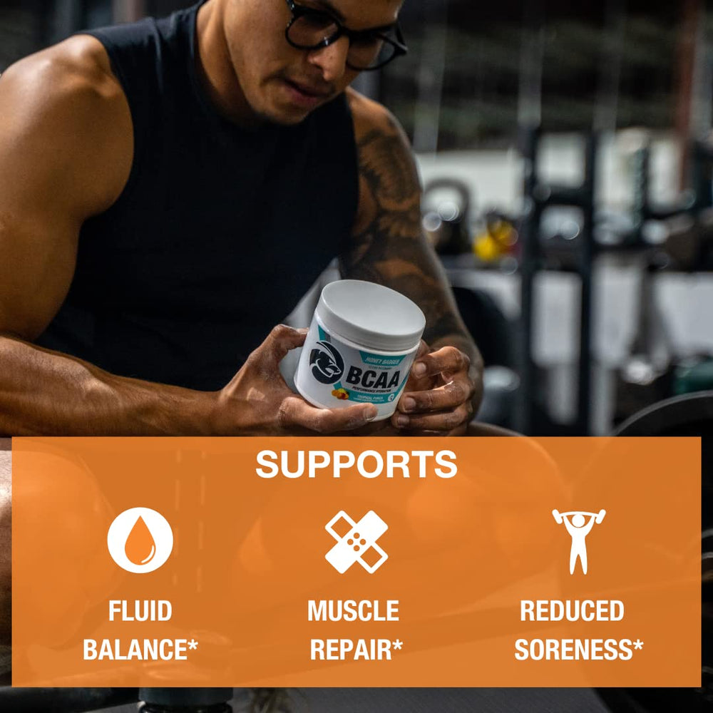Honey Badger BCAA + EAA label close-up showing clean, zero sugar formula.