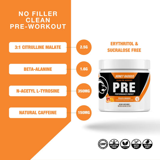 Honey Badger peach mango powder in glass shows easy mixing for steady energy during workouts.