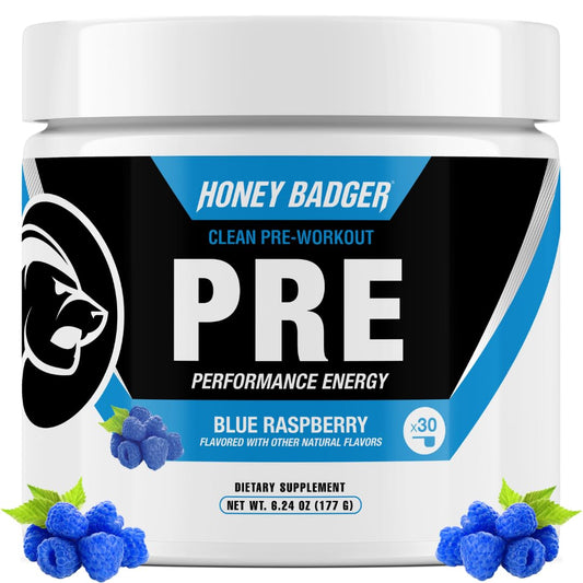 Honey Badger pre-workout can front view for clean energy during training