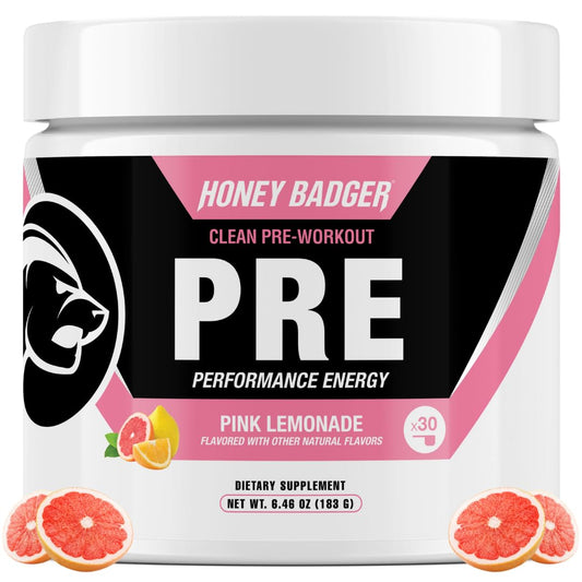 Honey Badger pink lemonade pre-workout powder tub front view for quick energy.