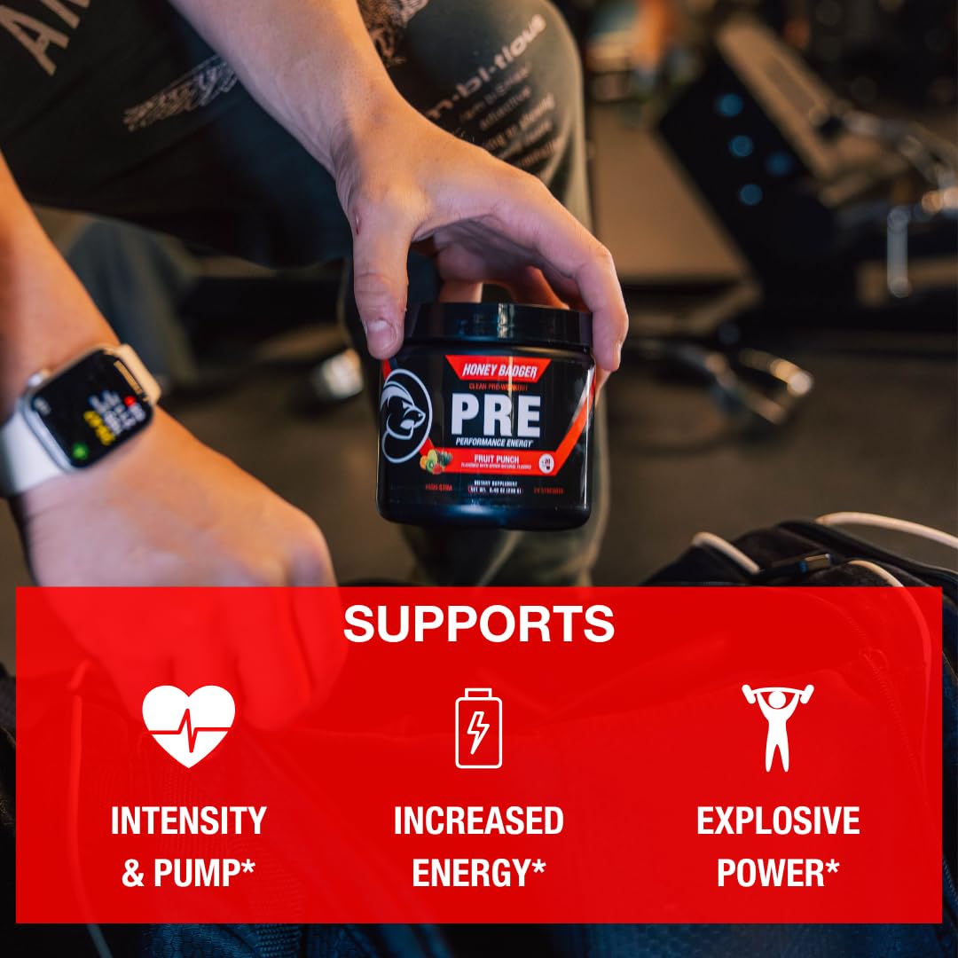 Honey Badger pre workout powder scoop-dispensing close-up for easy serving.