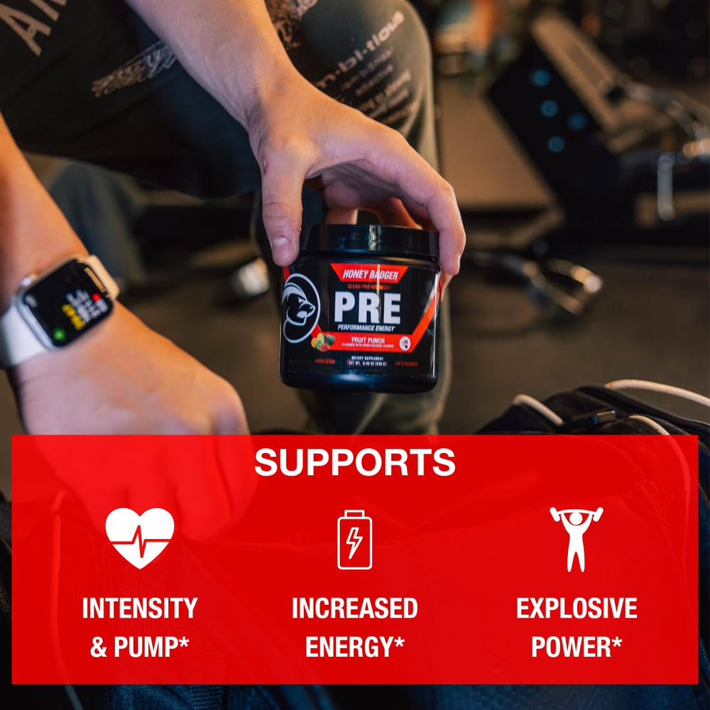 Honey Badger pre workout powder scoop-dispensing close-up for easy serving.