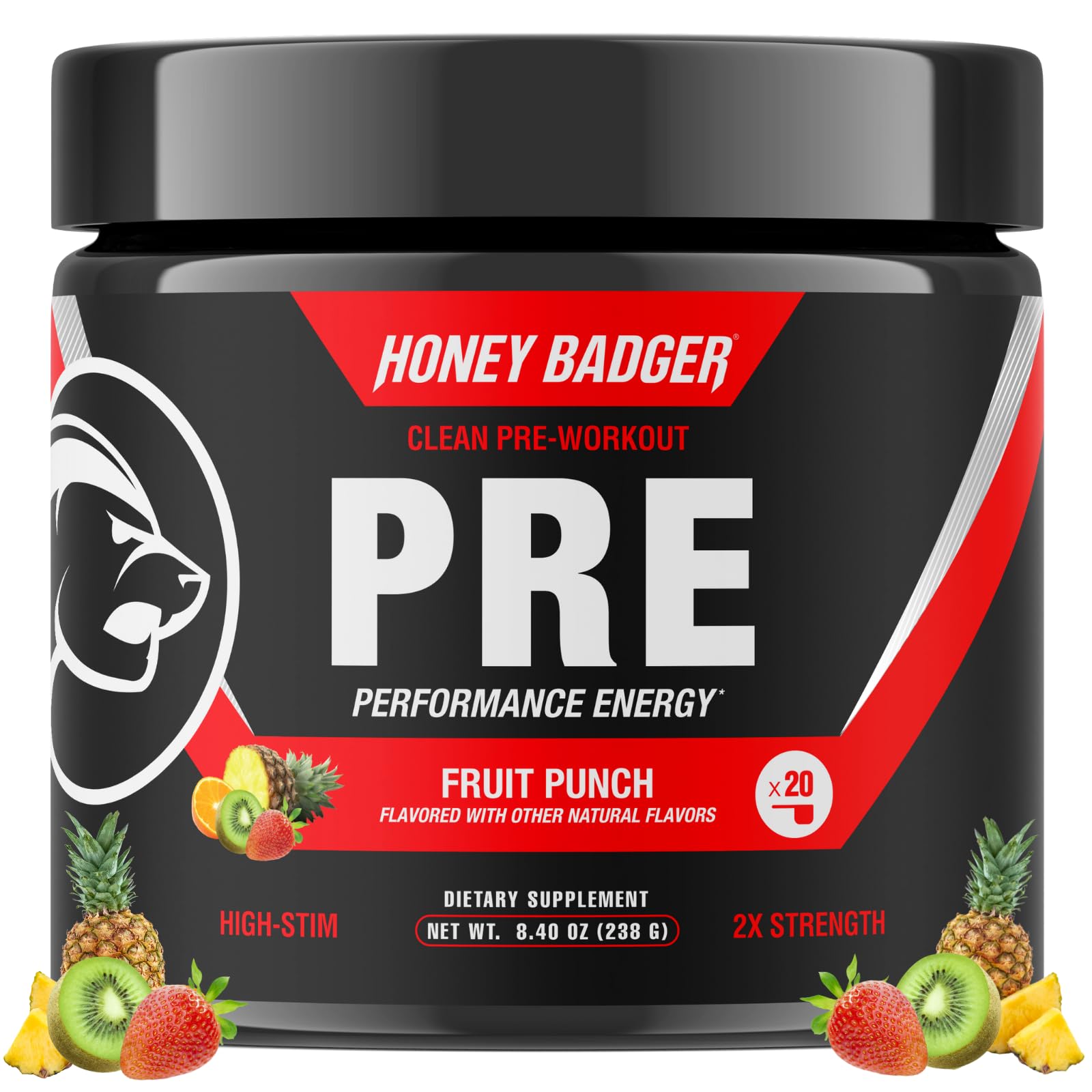 Honey Badger pre workout powder tub front shows clean energy potential.