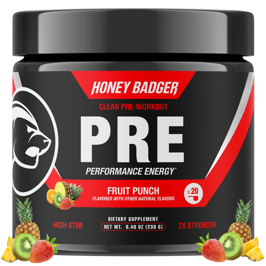 Honey Badger pre workout powder tub front shows clean energy potential.