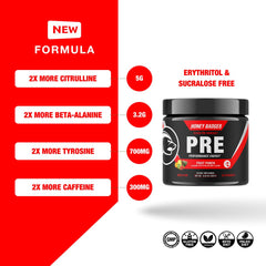 Honey Badger pre workout powder tub side highlights focus and endurance.