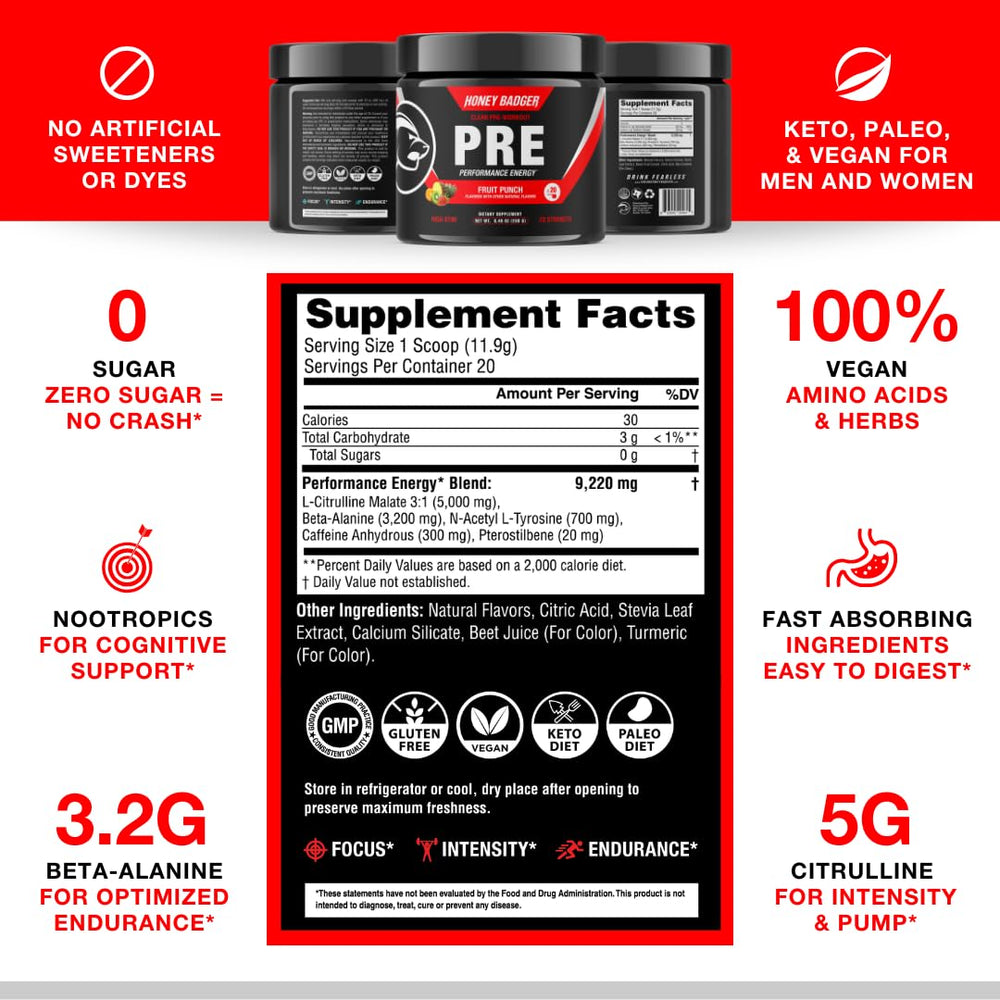 Honey Badger pre workout powder tub top view emphasizes vegan keto energy option.