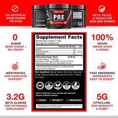 Honey Badger pre workout powder tub top view emphasizes vegan keto energy option.
