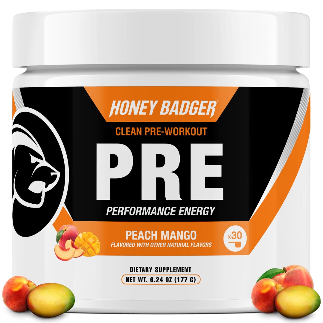 Honey Badger pre-workout tub in peach mango flavor for clean energy and focus.