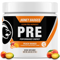 Honey Badger pre-workout tub in peach mango flavor for clean energy and focus.