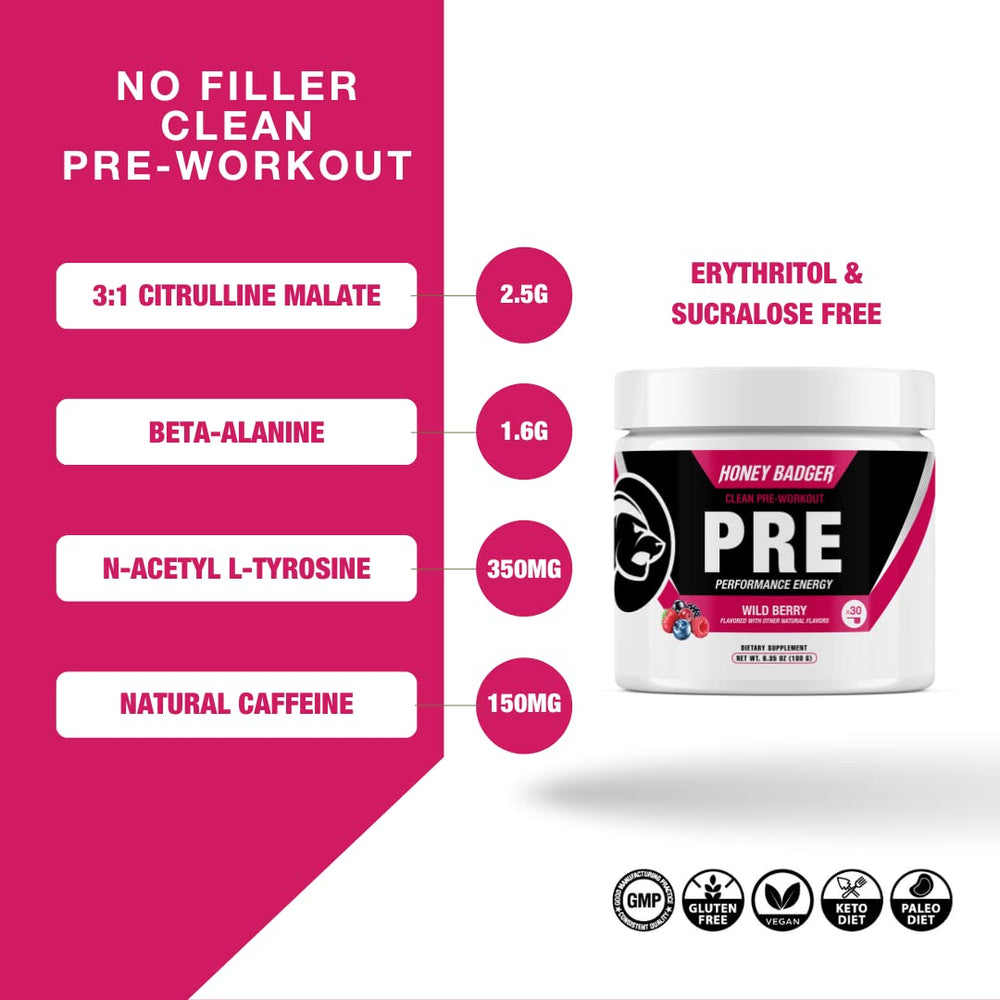 Honey Badger pre-workout bottle on shelf highlights vegan keto-friendly formula for athletes