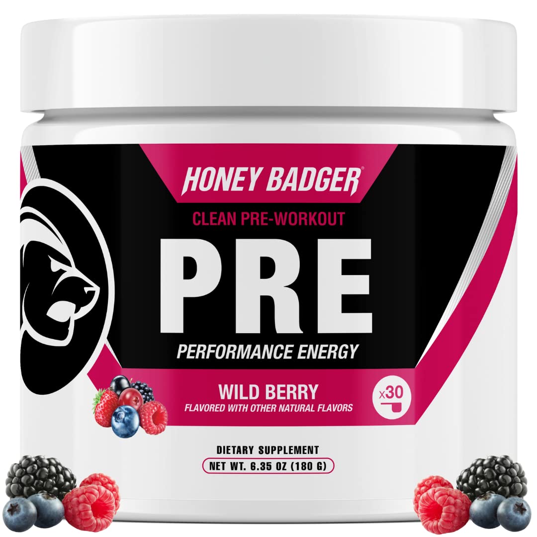 Honey Badger pre-workout powder in scoop emphasizes wild berry flavor and clean energy