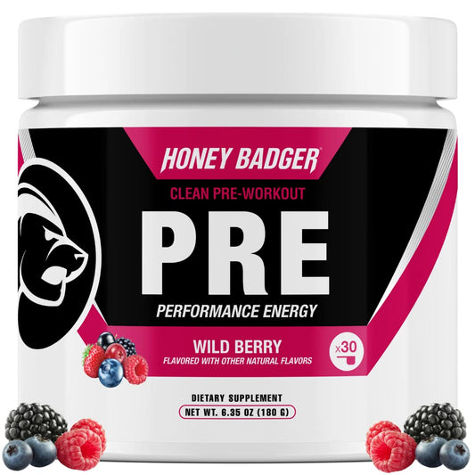 Honey Badger pre-workout powder in scoop emphasizes wild berry flavor and clean energy