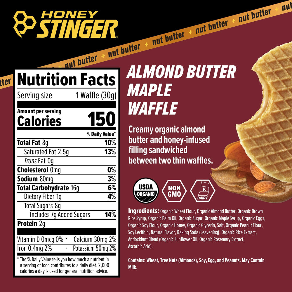 Honey Stinger waffle slice showing almond butter center and maple drizzle