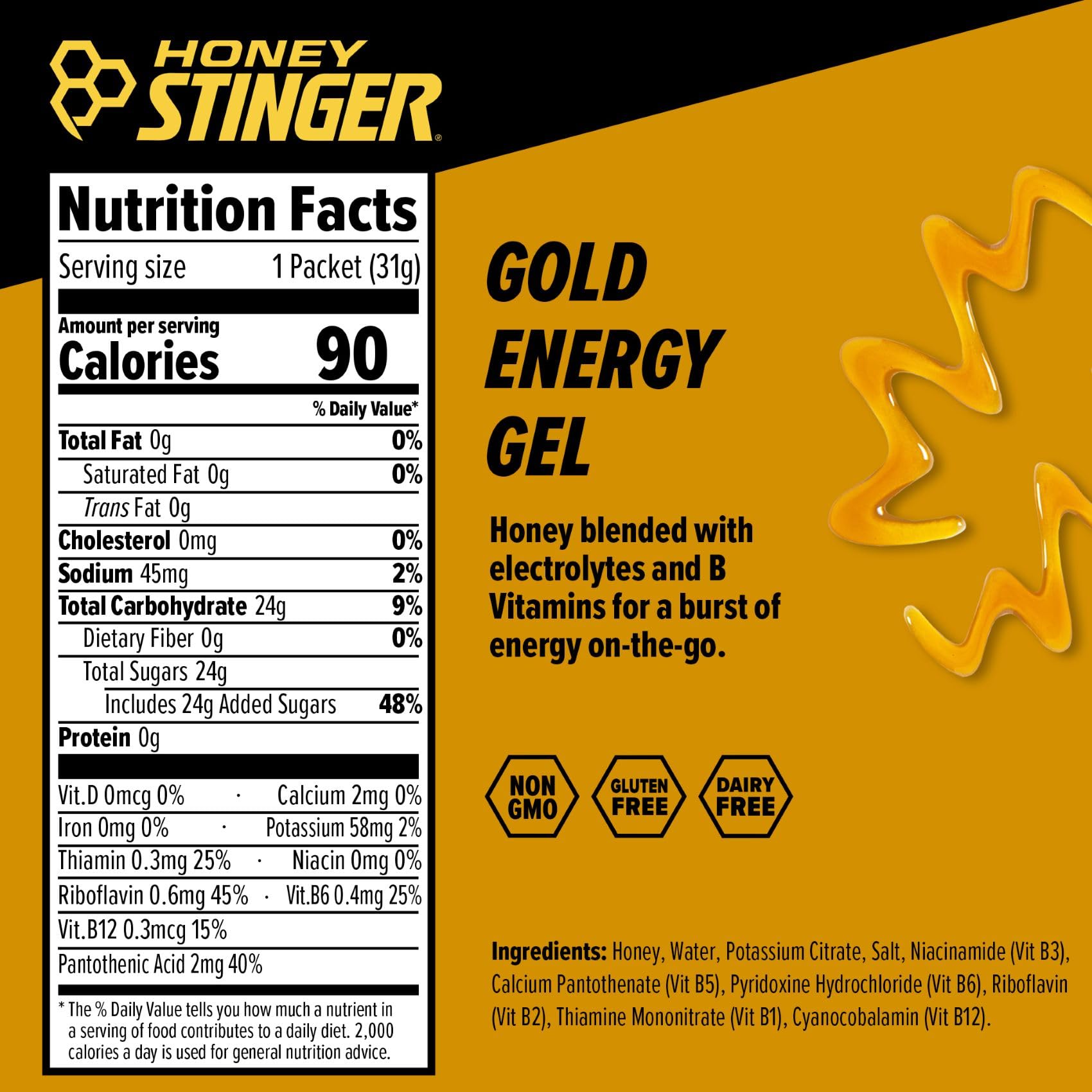 Honey Stinger Gold Energy Gel close-up label highlights gluten-free formula.