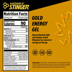 Honey Stinger Gold Energy Gel close-up label highlights gluten-free formula.