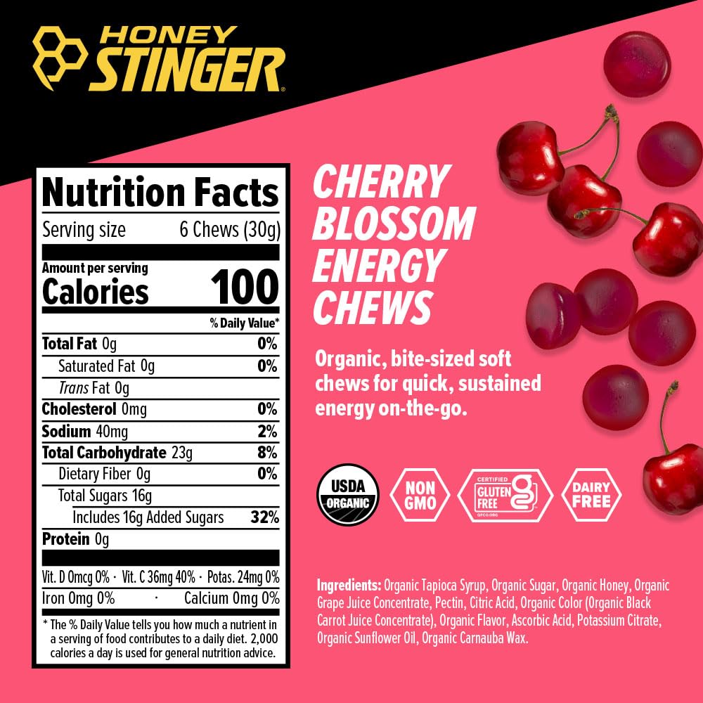 Close-up texture of Honey Stinger Cherry Blossom chews showing juicy cherry flavor.
