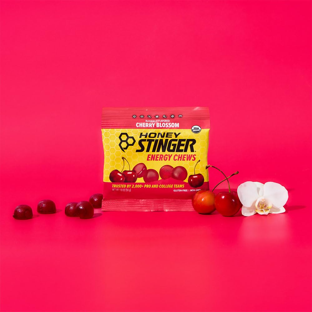 Nutrition and ingredients highlight for Honey Stinger Cherry Blossom chews.