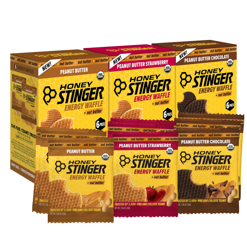 Honey Stinger Organic Peanut Butter Energy Waffle box—portable pre-workout fuel.