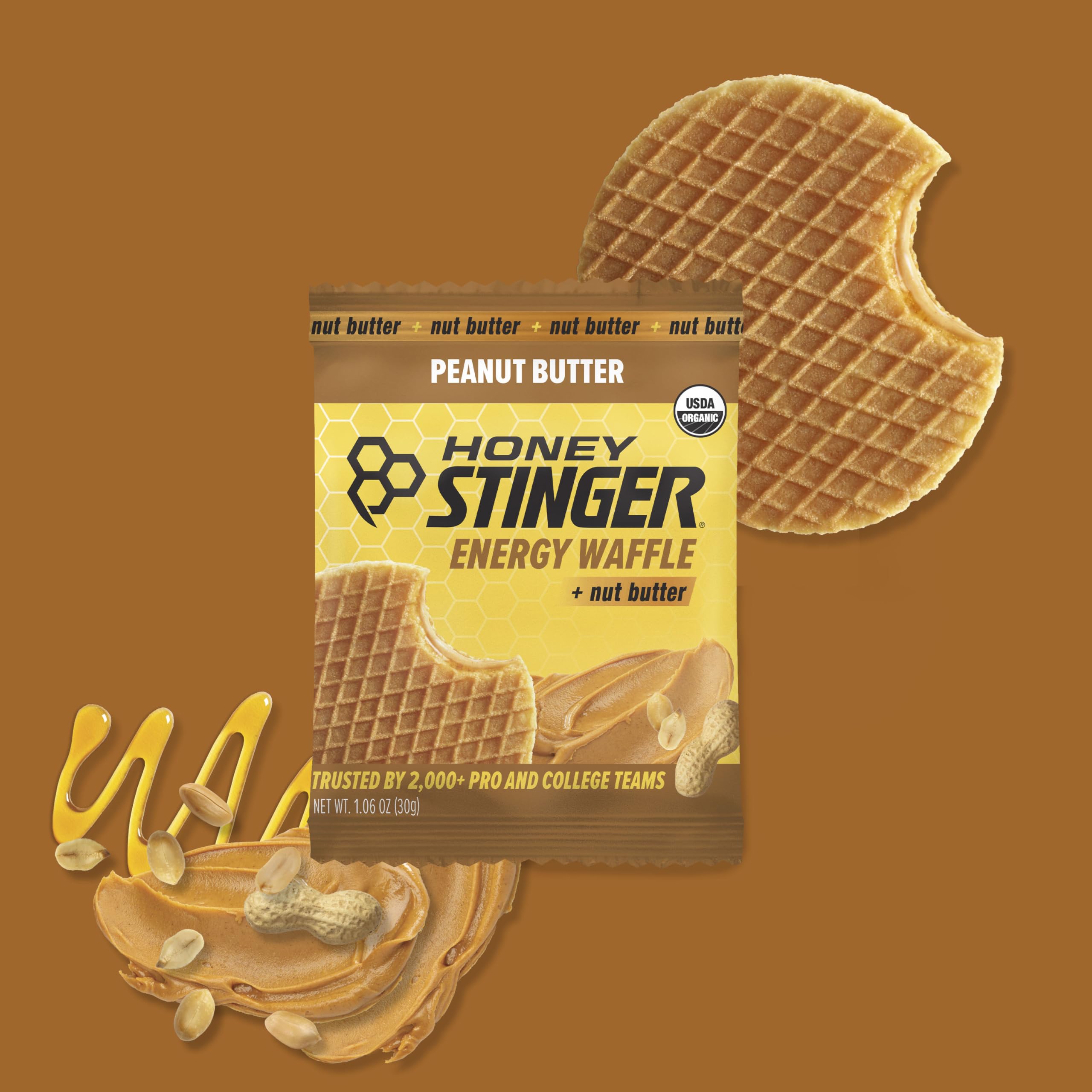 Honey Stinger organic peanut butter energy waffle cross-section—creamy filling and natural carbs.
