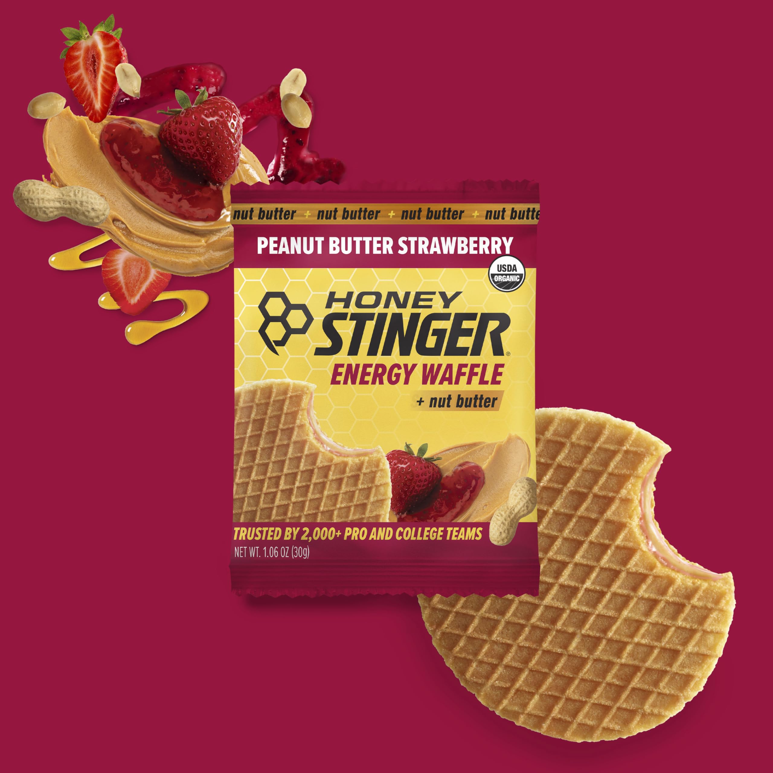 Honey Stinger organic energy waffle back-label—organic ingredients and transparent nutrition.