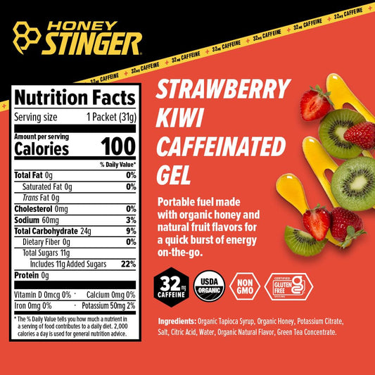Close-up of Honey Stinger gel tube highlighting caffeinated formula