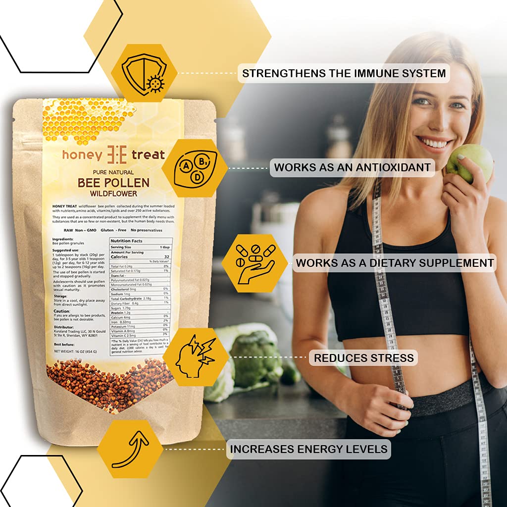 Honey Treat bee pollen granules meadow sunlit harvested from wildflowers.