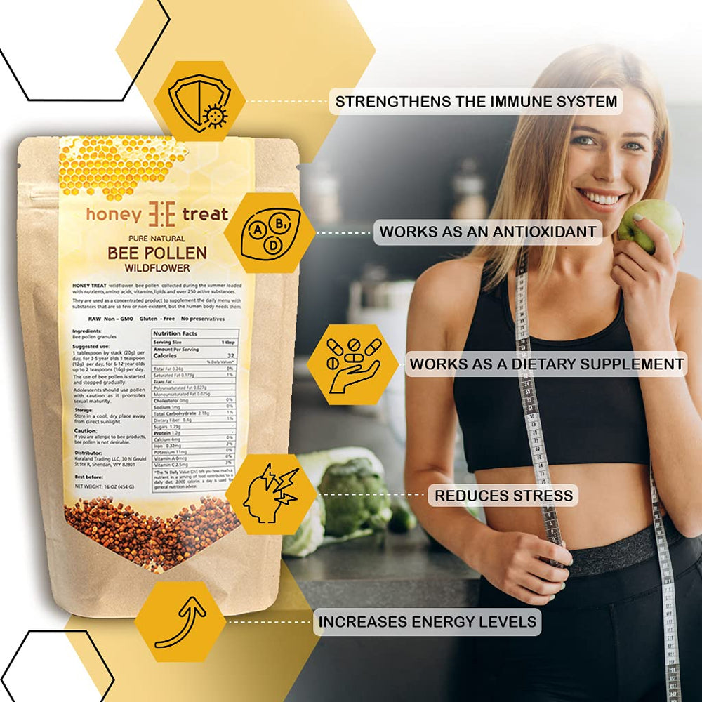 Honey Treat bee pollen granules meadow sunlit harvested from wildflowers.