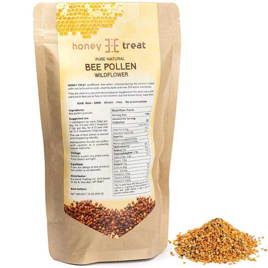 Honey Treat bee pollen granules in a bottle for daily immune support.