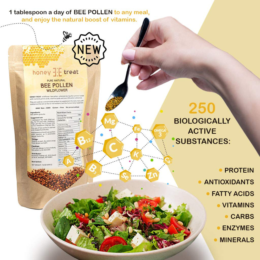 Honey Treat bee pollen granules spoon serve easy portioning for breakfast bowls.