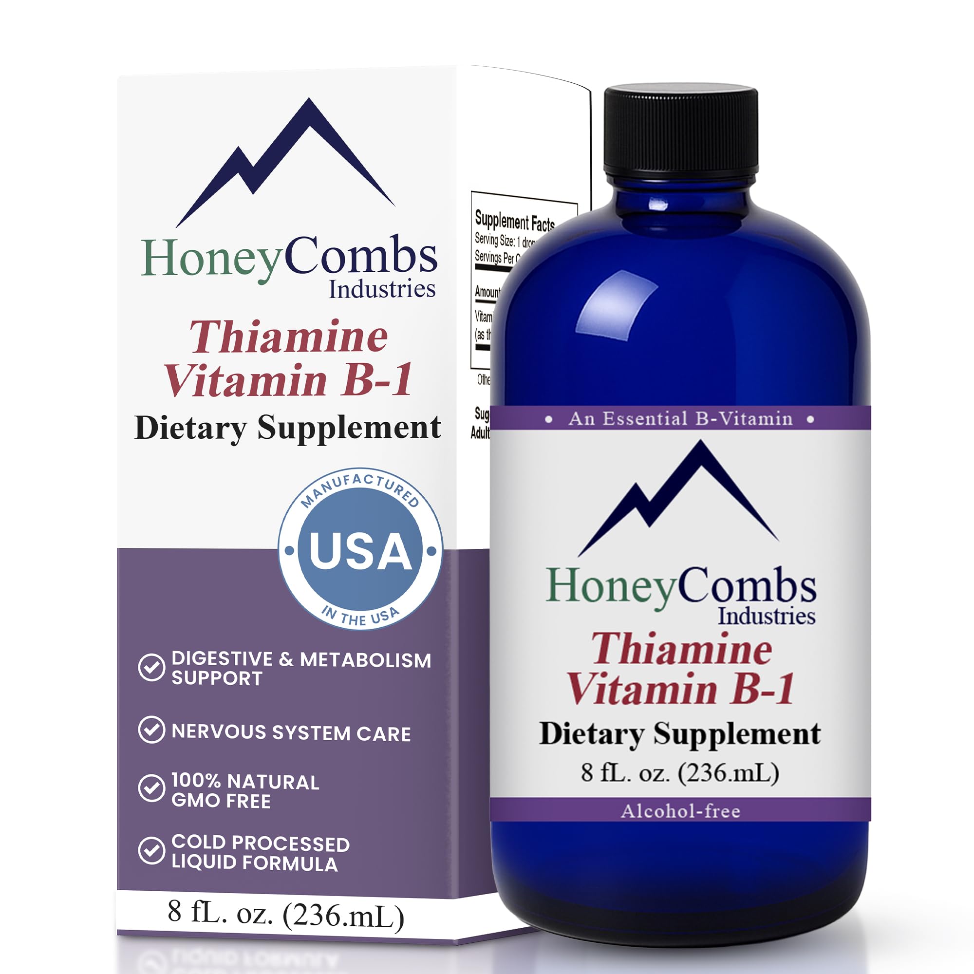 HoneyCombs Vitamin B1 liquid drops bottle pouring for easy daily energy support.