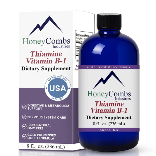 HoneyCombs Vitamin B1 liquid drops bottle pouring for easy daily energy support.