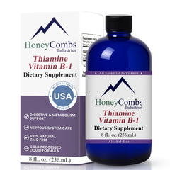 HoneyCombs Vitamin B1 liquid drops bottle pouring for easy daily energy support.