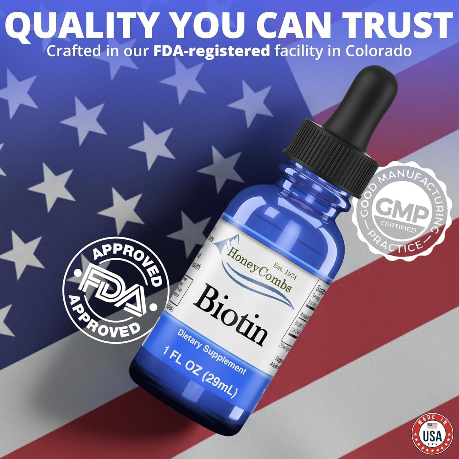 HoneyCombs biotin drops bottle close-up emphasizing gluten-free formula