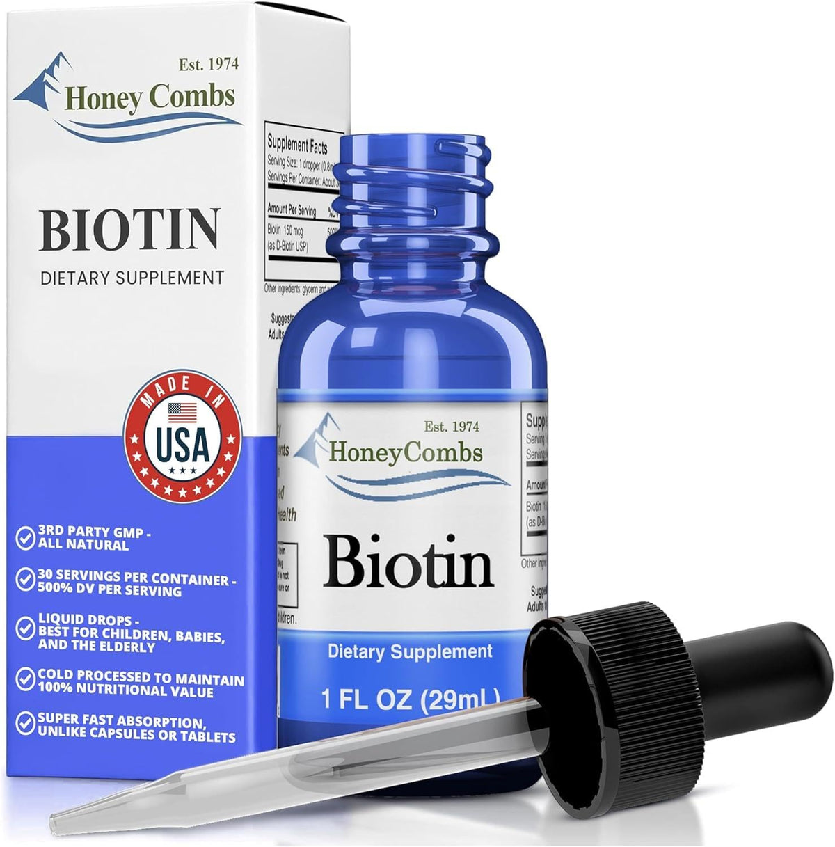 HoneyCombs liquid biotin drops bottle close-up for easy daily use in hair support