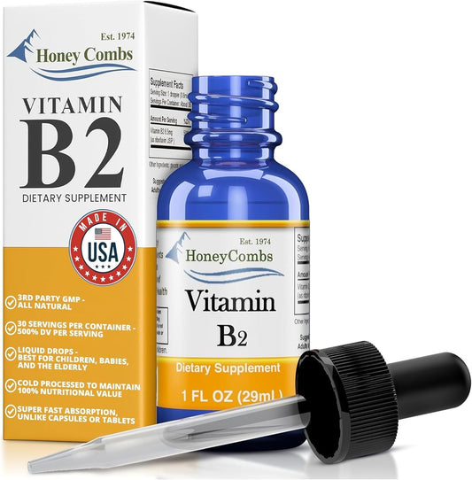 HoneyCombs Liquid Vitamin B2 Drops bottle closeup with 500% DV for daily support.
