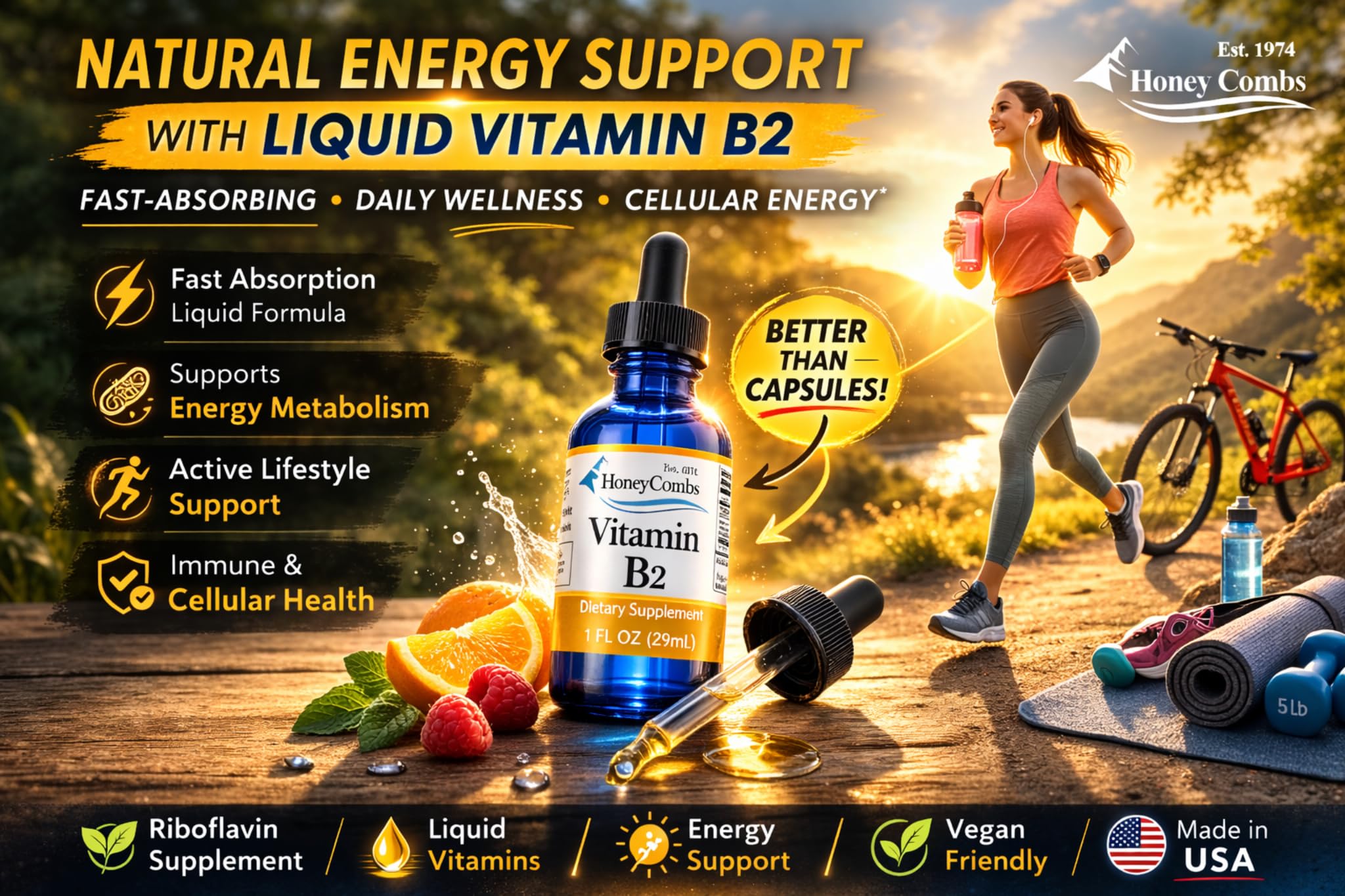 HoneyCombs Vitamin B2 Drops packaging proudly made in USA.