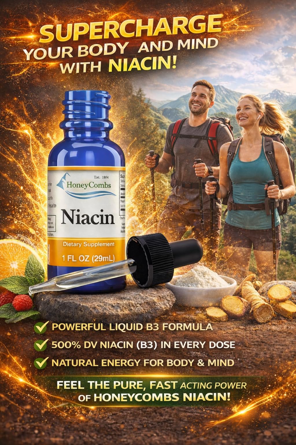HoneyCombs Niacin Liquid Drops absorption visual implying fast-acting sublingual format.