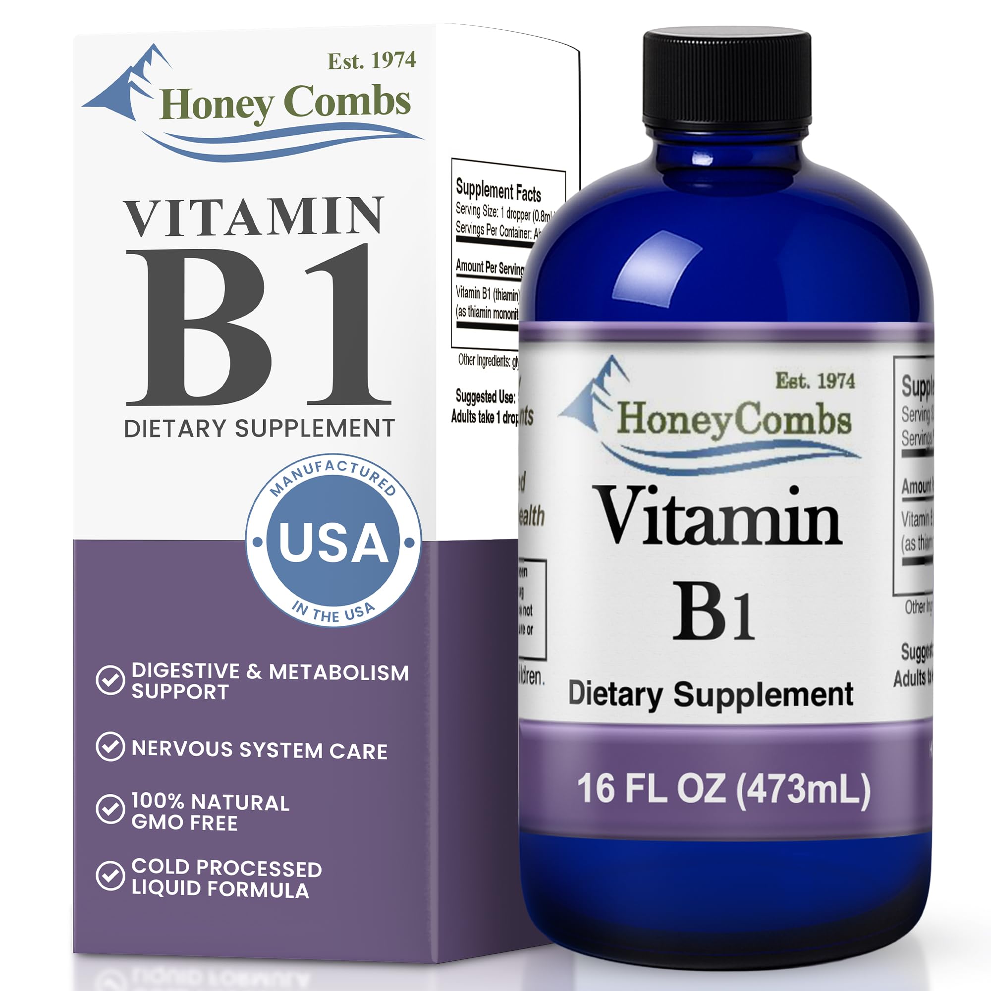 HoneyCombs Vitamin B1 liquid drops bottle for easy daily energy support.