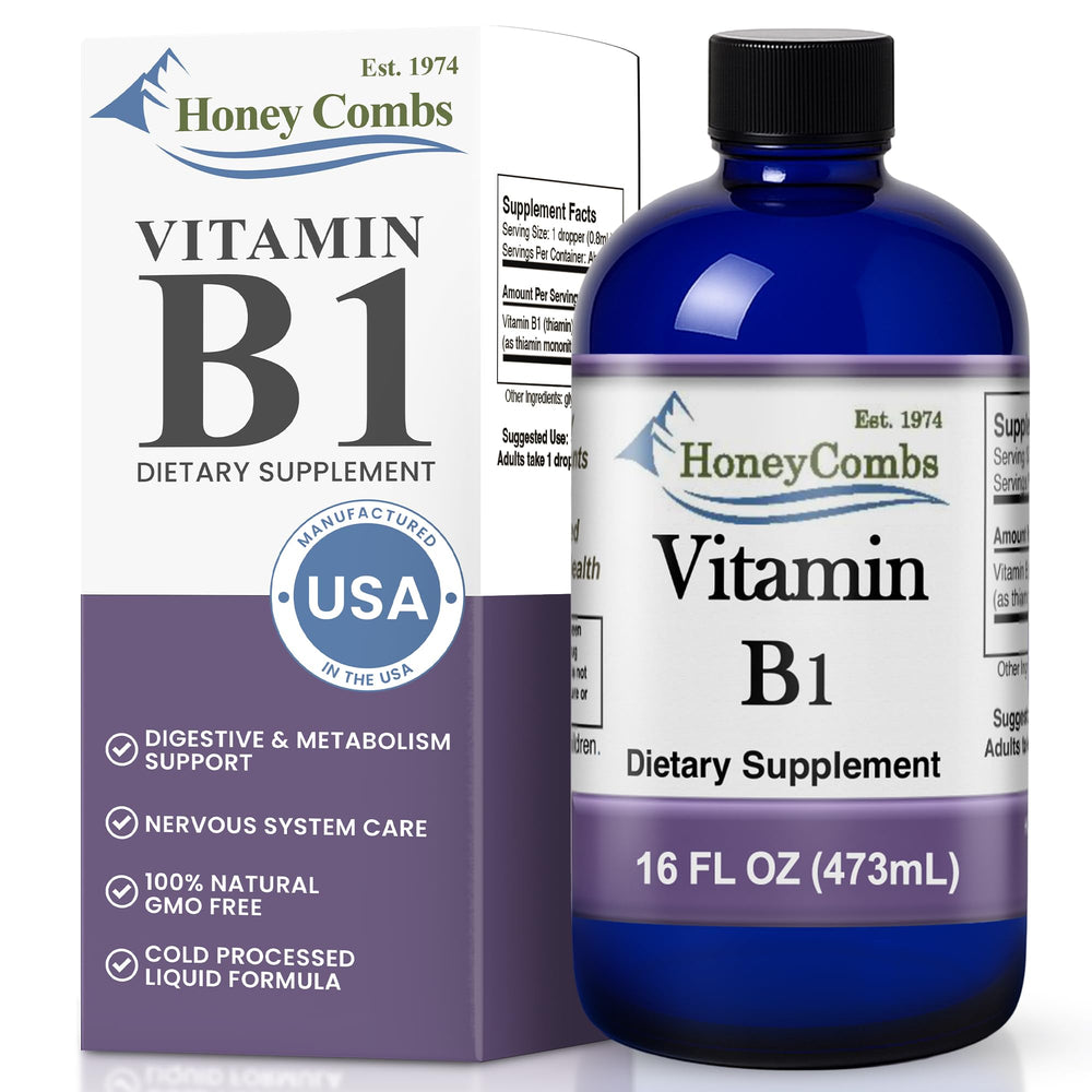 HoneyCombs Vitamin B1 liquid drops bottle for easy daily energy support.