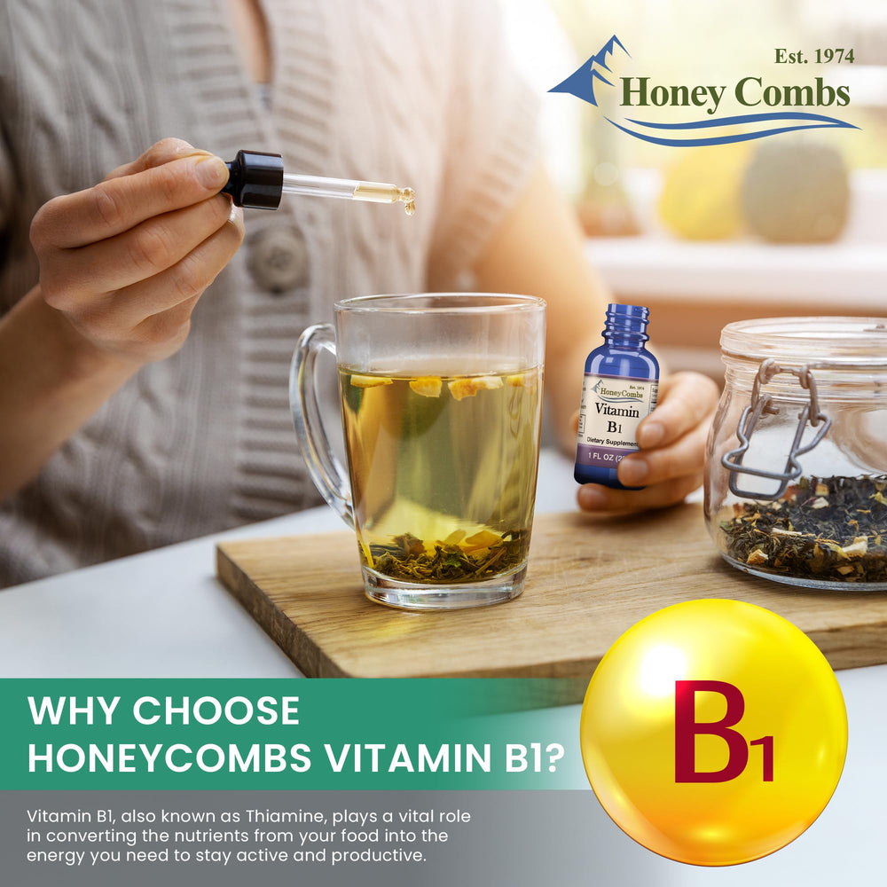 HoneyCombs Vitamin B1 liquid drops in tea highlights versatile intake.