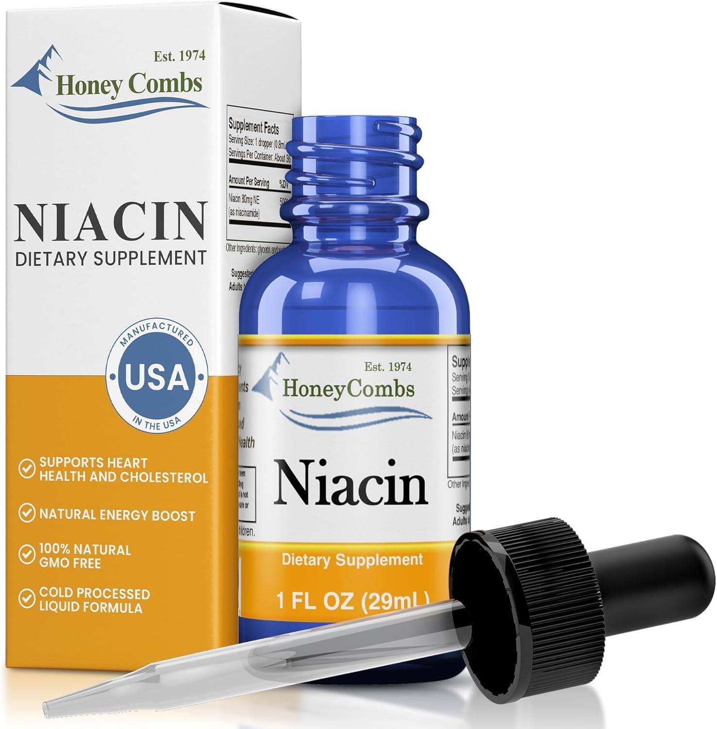 HoneyCombs Vitamin B3 Liquid Drops bottle on shelf highlighting niacin content for energy support.