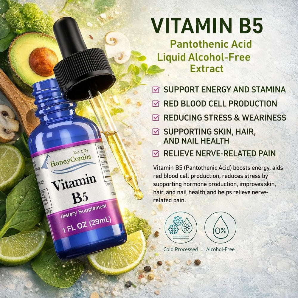Amber bottle of HoneyCombs Vitamin B5 drops conveys premium packaging