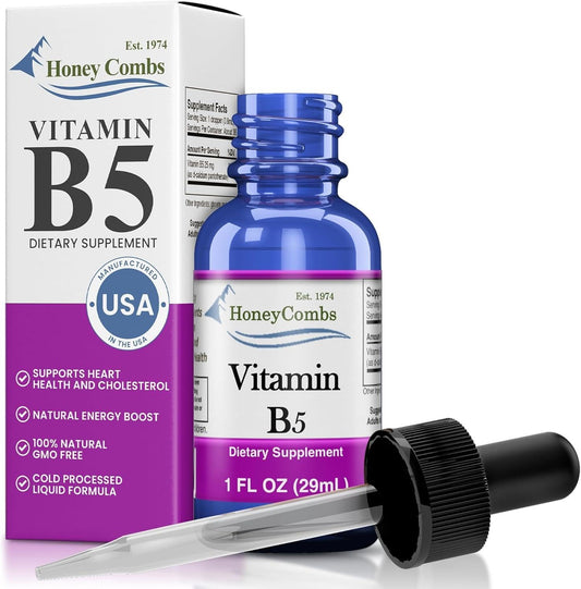 HoneyCombs Vitamin B5 liquid drops bottle with clear label for daily energy support