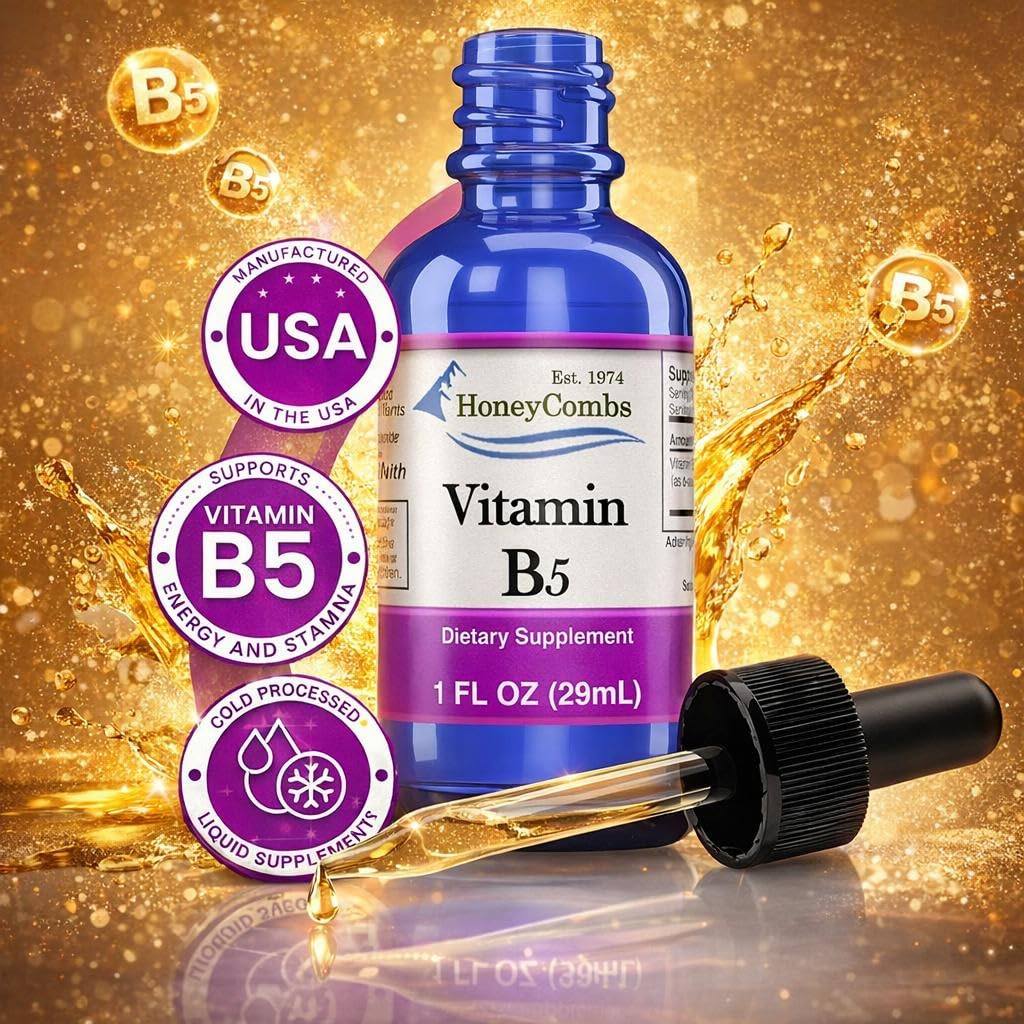 Close-up label on HoneyCombs B5 liquid drops highlights clean formulation