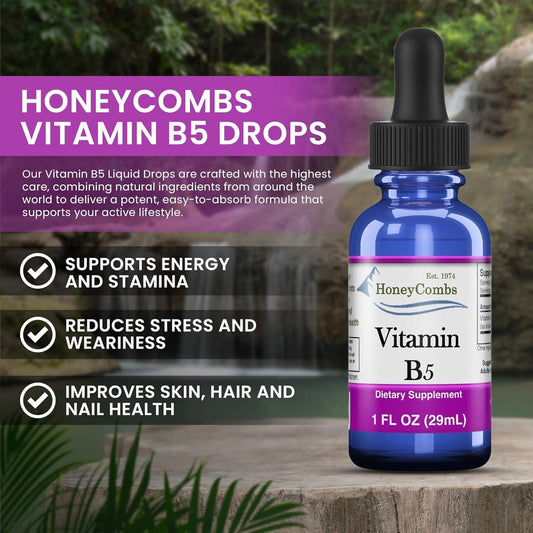 HoneyCombs Vitamin B5 liquid drops pour showing convenient dosing