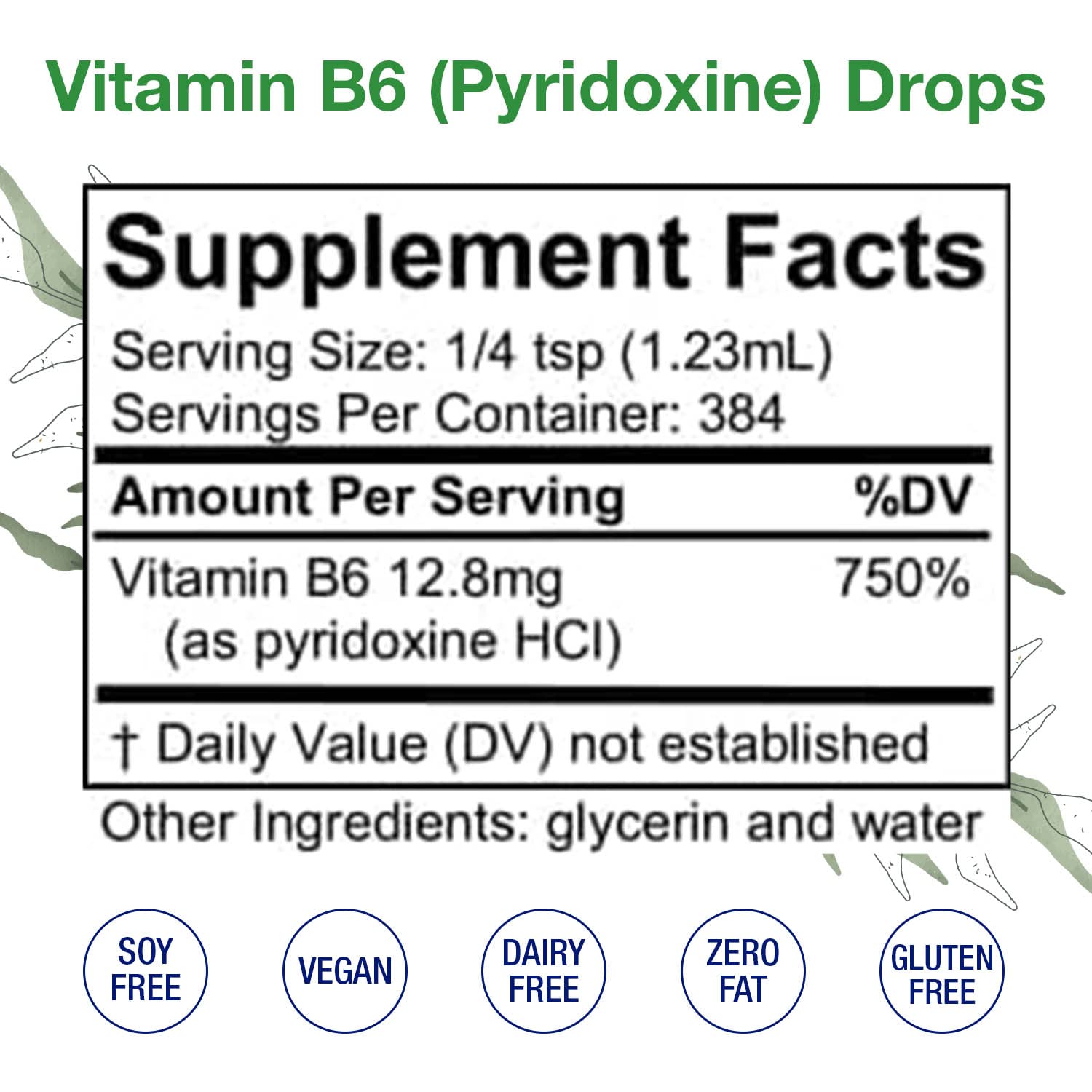 Close-up of HoneyCombs Vitamin B6 Drops label highlighting purity and alcohol-free formulation.